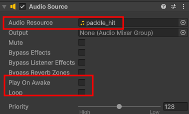 Componente Audio Source con el sonido asignado y Play On Awake desmarcado